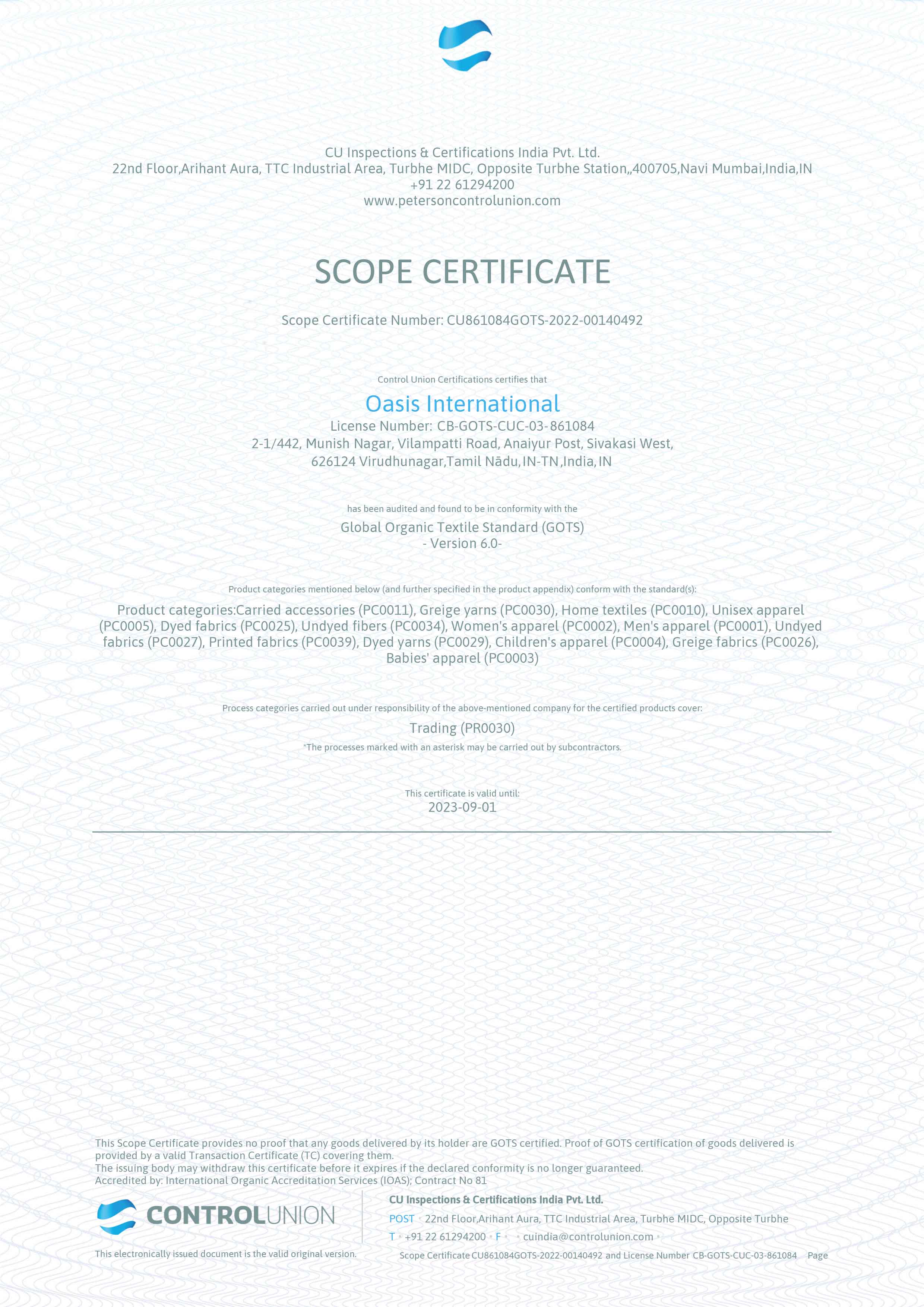Oasis International Scope Certificate